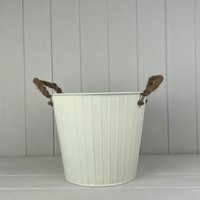 Cream Round Tapered Zinc Planter with Rope Ears with Drainage Hole - Cream