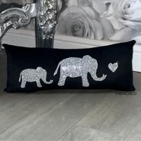 Black Plush And Silver Double Elephant Cushion - Black