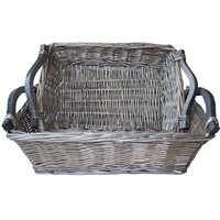Antique Wash Wicker Tray with Wooden Handle - Grey / 12cm