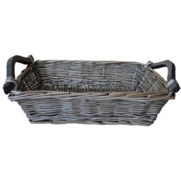 Antique Wash Wicker Tray with Wooden Handle - Grey / 12cm - thumbnail 2