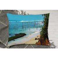 Fishermen On The Ocean Coast Of Sri Lanka Cushion - Blue - image 1