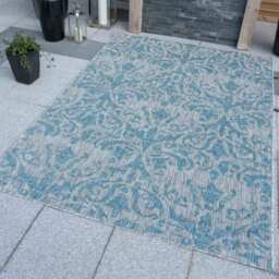 Vintage Floral Flatweave Indoor Outdoor Rug - Aqua Blue / 170 x 120cm - thumbnail 2