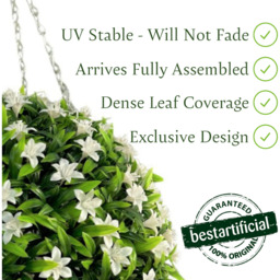 Best Artificial 28cm White Lily Hanging Basket Flower Topiary Ball - White - thumbnail 3