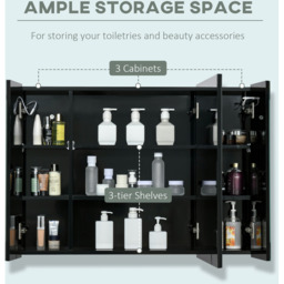 kleankin LED Bathroom Cabinet with Mirror, Dimmable Storage Organiser - High Gloss Black - thumbnail 4