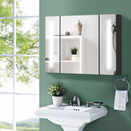 kleankin LED Bathroom Cabinet with Mirror, Dimmable Storage Organiser - High Gloss Black - thumbnail 2