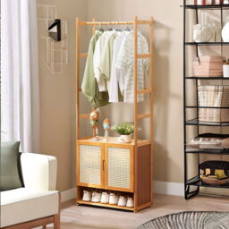 Bamboo Hall Tree Coat Stand With Shoe Rack And Storage Cabinet - Natural Brown - thumbnail 5