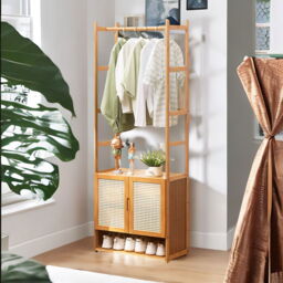 Bamboo Hall Tree Coat Stand With Shoe Rack And Storage Cabinet - Natural Brown - thumbnail 4