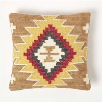 Jaipur Handwoven Brown and Orange Kilim Cushion with Feather Filling - Multi-Coloured