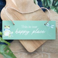 Our Happy Place Hanging Sign With Frog And Dragonfly - Light Green - image 1