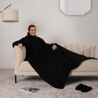 OHS Teddy Fleece Blanket with Sleeves Wearable Wrap Throw - Black - thumbnail 1