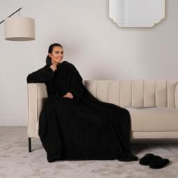 OHS Teddy Fleece Blanket with Sleeves Wearable Wrap Throw - Black - thumbnail 3