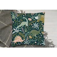 Hand Drawn Dinosaurs And Tropical Leaves And Flowers. Cushion - Green / 60 - image 1