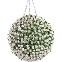 Best Artificial 38cm White Rose Hanging Basket Flower Topiary Ball - White