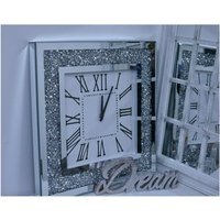 Square Crushed Jewel Mirror Wall Clock Black Hands Roman Diamante - Silver
