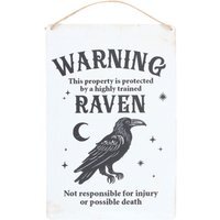Protected by a Raven Hanging Sign - Gothic Metal Door Decor - White