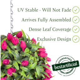 Best Artificial 24cm Pink Lush Tulip Hanging Basket Flower Topiary Ball - Pink - thumbnail 2