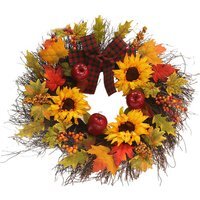 Autumn Wreath Maple Leaves and Sunflowers LED Front Door Decoration - Orange
