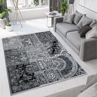 Black Grey Monochrome Traditional Patchwork Living Room Rug - Black / 150 x 80cm - thumbnail 1