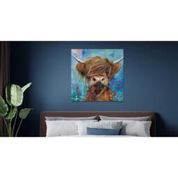 Pankhurst Highland Cow in The Flowers Canvas - Blue - thumbnail 3