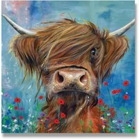 Pankhurst Highland Cow in The Flowers Canvas - Blue - thumbnail 1