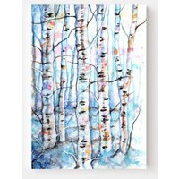 Birch Trees Watercolor Print on Canvas - Blue / 30 x 20 in