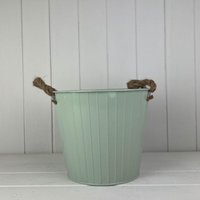 Sage Green Round Tapered Zinc Planter with Rope Ears and Drainage Hole - Pale Green