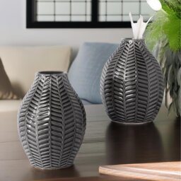 Set Of 2 Grey Leaf Ceramic Vase - Black - thumbnail 3