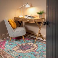 Distressed Bordered Persian Style Non Slip Washable Area Rug - Teal & Pink / 110 x 60cm - thumbnail 1
