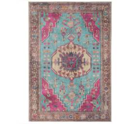 Distressed Bordered Persian Style Non Slip Washable Area Rug - Teal & Pink / 110 x 60cm - thumbnail 5
