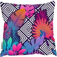 Exotic leaves and flowers on geometrical ornament Cushion - pink / 45cm