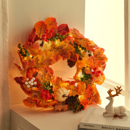 Autumn Front Door Wreath with White Orange Pumpkins - Orange - thumbnail 4
