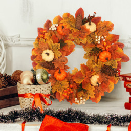 Autumn Front Door Wreath with White Orange Pumpkins - Orange - thumbnail 5
