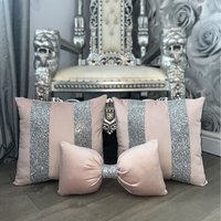 Set of 3 Soft Pink Plush Velvet Cushions with Glitter Stripes and Bow - Soft Pink