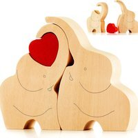 Loving Wooden Elephant Couple Figurine with Red Heart - Natural