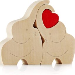 Loving Wooden Elephant Couple Figurine with Red Heart - Natural - thumbnail 3
