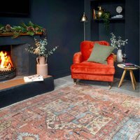 Orange Terracotta Distressed Aztec Geometric Persian Non Slip Washable Area Rug - Terracotta Blue / 230 x 160cm - image 1