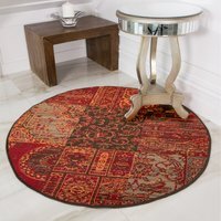 Deep Red Brown Traditional Patchwork Living Room Rug - Wine / 120 x 120cm - thumbnail 1