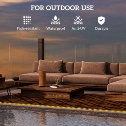 Outsunny Reversible Outdoor RV Rug with LED String Light - Brown and Black - thumbnail 3