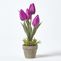 Homescapes Dark Purple Artificial Tulips Grey Decorative Stone Pot, 27 cm - Purple