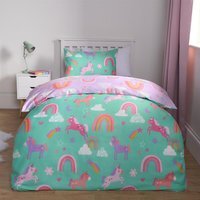 Unicorn Rainbow Reversible Duvet Set - Green/Purple / Single - image 1