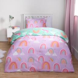 Unicorn Rainbow Reversible Duvet Set - Green/Purple / Single - thumbnail 5