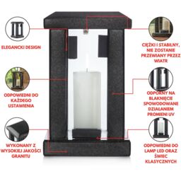 Large Granite Candle Lantern - Square Outdoor Lantern for Garden, Terrace - Black - thumbnail 3