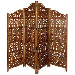 4 Panel Heavy Carved Wooden Room Divider Screen Gamla - Brown / Dark Brown - thumbnail 4