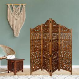 4 Panel Heavy Carved Wooden Room Divider Screen Gamla - Brown / Dark Brown - thumbnail 2