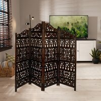 4 Panel Heavy Carved Wooden Room Divider Screen Gamla - Brown / Dark Brown