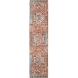 Orange Terracotta Distressed Aztec Geometric Persian Non Slip Washable Area Rug - Terracotta Blue / 240 x 60cm - thumbnail 5