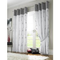Tahiti Lined Voile Eyelet Ring Top Curtains - Silver/White / 229cm