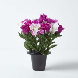 Homescapes 2 Purple Orange White Roses Peonies Artificial Flowers in Grave Vases - Yellow, orange, purple and white - thumbnail 3