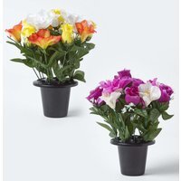 Homescapes 2 Purple Orange White Roses Peonies Artificial Flowers in Grave Vases - Yellow, orange, purple and white