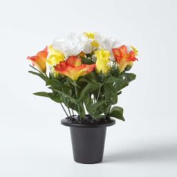 Homescapes 2 Purple Orange White Roses Peonies Artificial Flowers in Grave Vases - Yellow, orange, purple and white - thumbnail 2